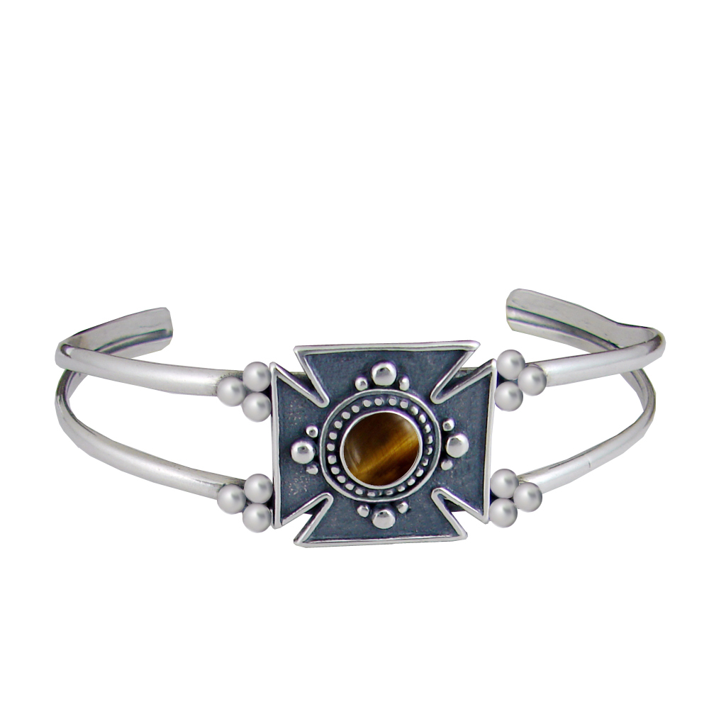 Sterling Silver Iron Cross Cuff Bracelet With Tiger Eye